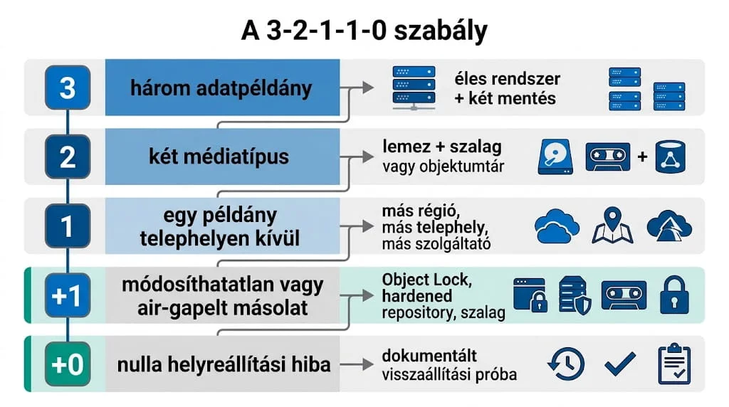 Ransomware-álló mentés 2026-ban: a 3-2-1-1-0 szabály, immutable és air-gap a gyakorlatban